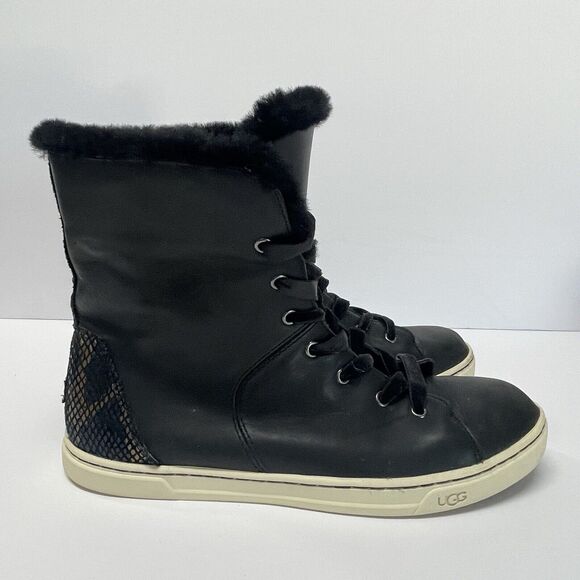 UGG Croft Exotic Velvety Snakeskin Faux Fur Black Leather Lace Up Sneaker 11 - Picture 4 of 10